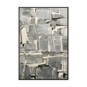A large vertical abstract painting of soft gray and charcoal blocks fitted together like a patchwork, outlined in fine wavering black lines, with ivory paths and a long gray shape on a cream band, in a thin black frame