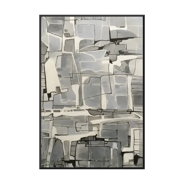 Dove gray and ivory minimalist abstract canvas with black lines AA24