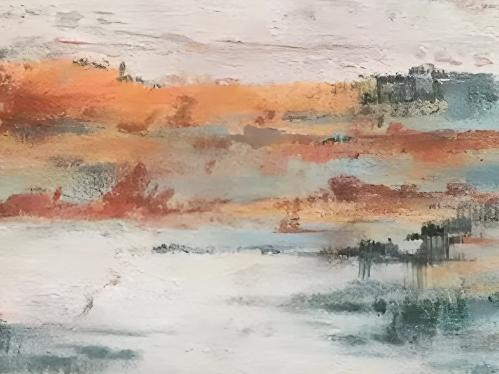 Close-up of the burnt orange, coral and rust band in abstract painting AA25, with pale aqua strokes and small charcoal blocks dripping into the chalk white below