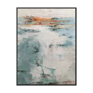 A large vertical abstract painting of a burnt orange and coral band near the top over pale aqua, a wide chalk white middle and a soft sea green block in the lower left, with a fine grainy surface, in a thin black frame