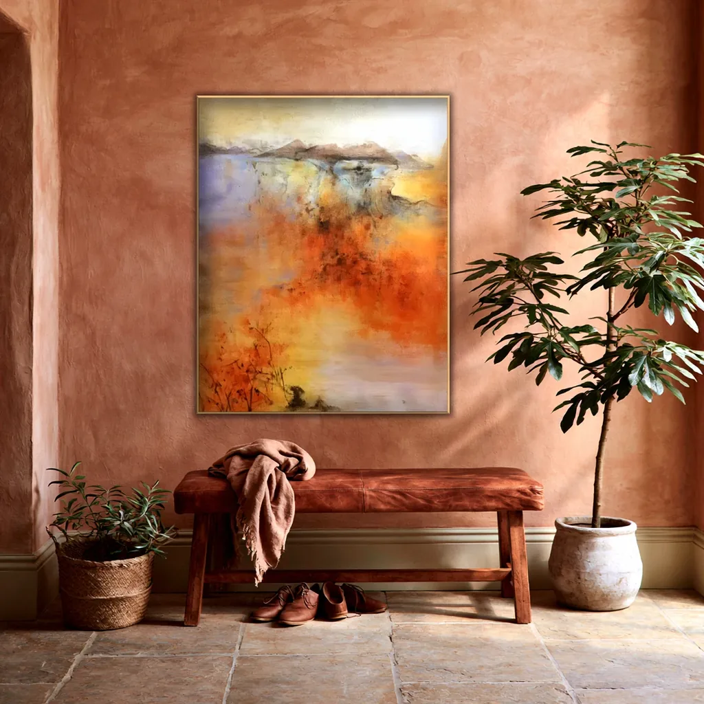 Burnt orange and lilac abstract lakeshore painting on a terracotta plaster wall above a cognac leather bench with a rust throw and a potted tree