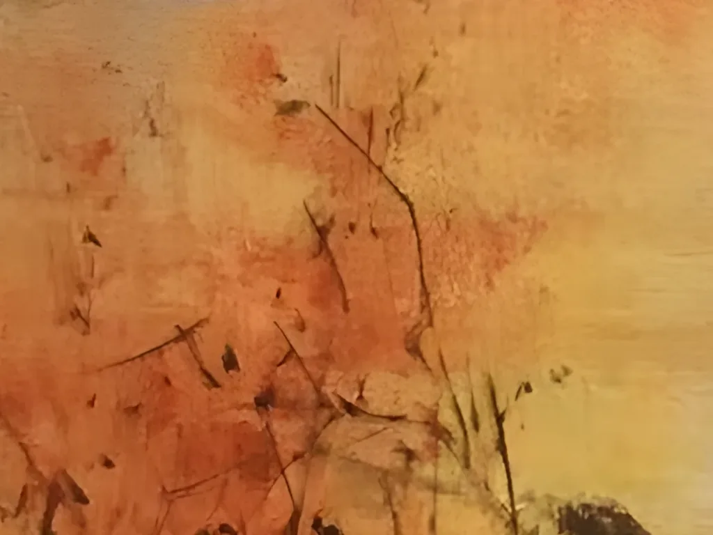 Detail of thin dark twigs with small rust leaves over apricot and golden ochre paint in the lower left corner of abstract lake painting AA26, with scratched lines and dry brush marks