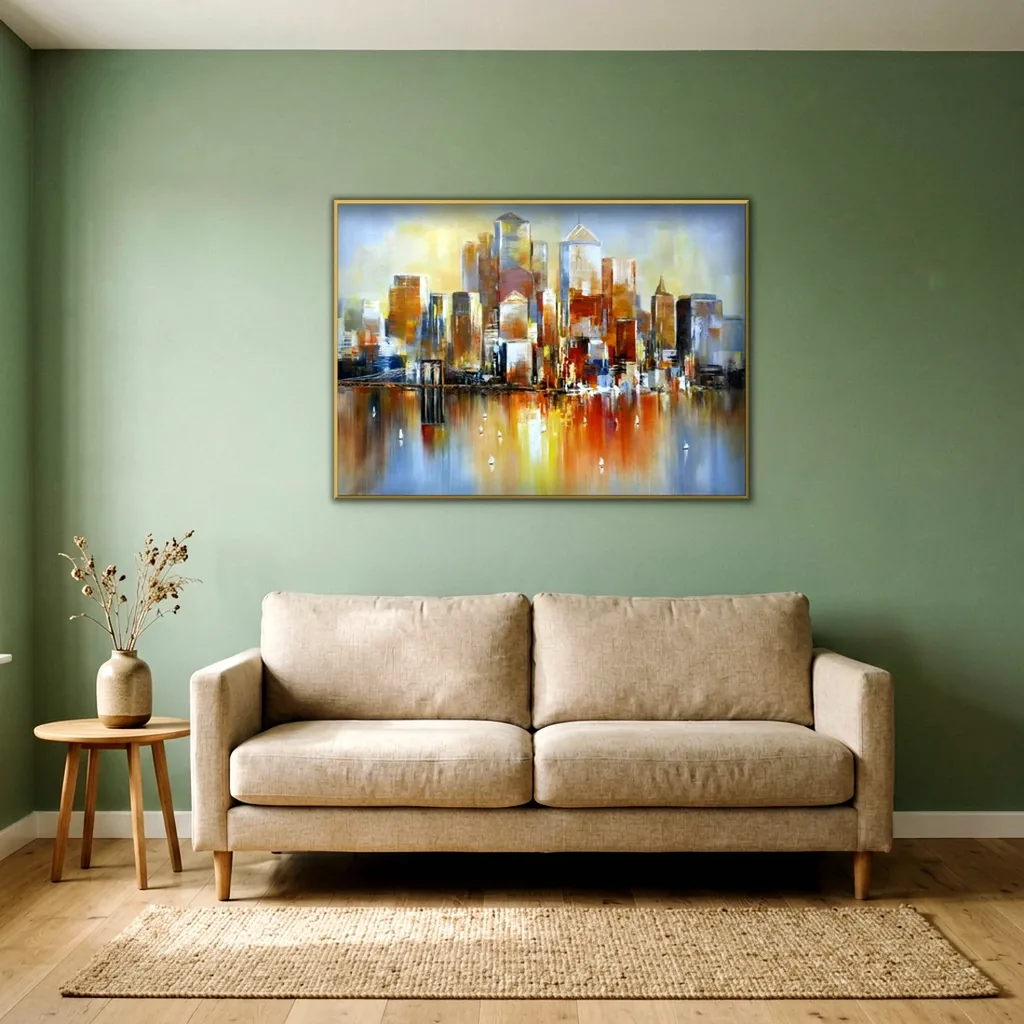 Orange and blue palette knife skyline painting in a thin gold frame, hung on a sage green wall above a beige two-seat sofa, with a round wooden side table and dried stems in a vase