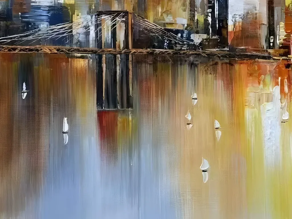 Detail of the dark suspension bridge and small white sailboats on the orange and red reflections in palette knife cityscape painting CA88