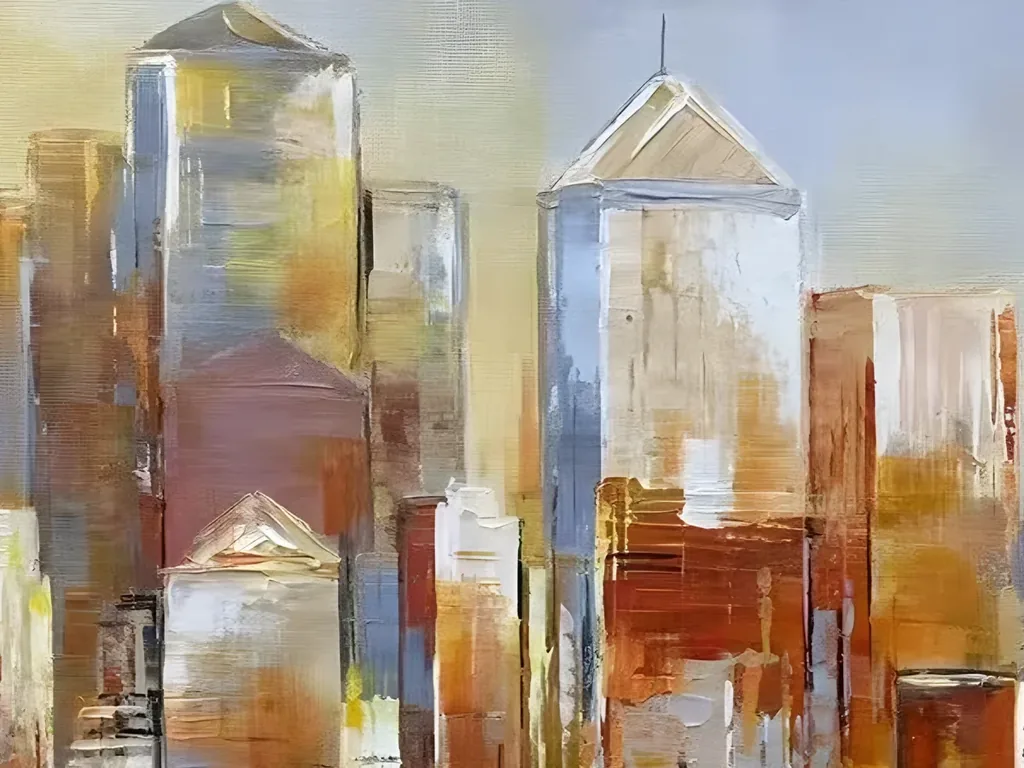 Close-up of the two pointed towers in cityscape painting CA88, built from white, pale yellow and rust palette knife strokes against a hazy lavender sky