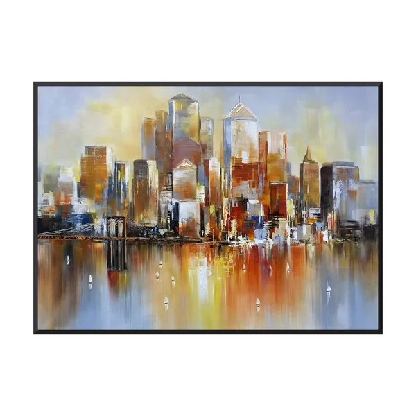 Colorful amber and blue city skyline canvas with sailboats CA88