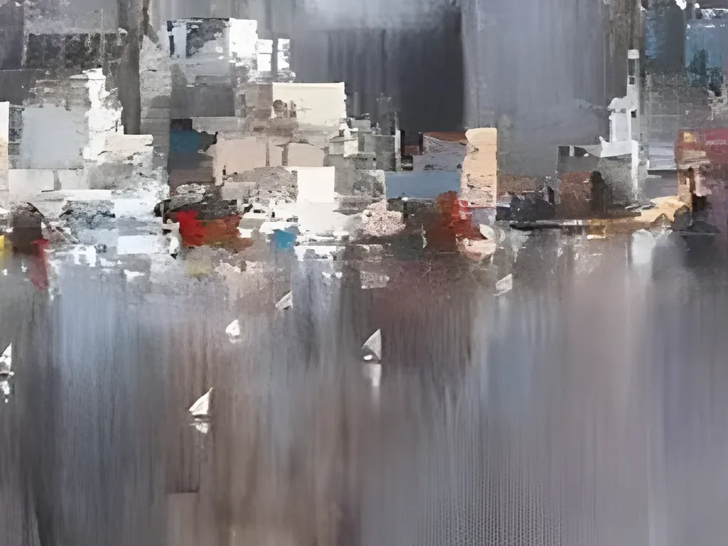 Detail of small white sailboats on streaked gray and violet water below the waterfront in impressionist cityscape painting IA120