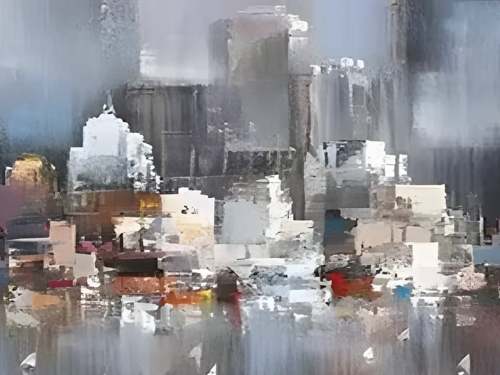 Close-up of the knife-cut white, cream and rust waterfront buildings and the small domed building under foggy blue towers in cityscape painting IA120