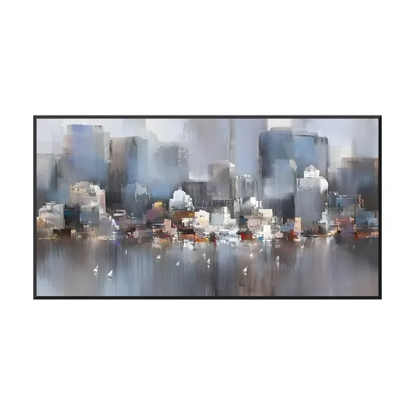 Foggy slate blue city skyline canvas with white sailboats IA120