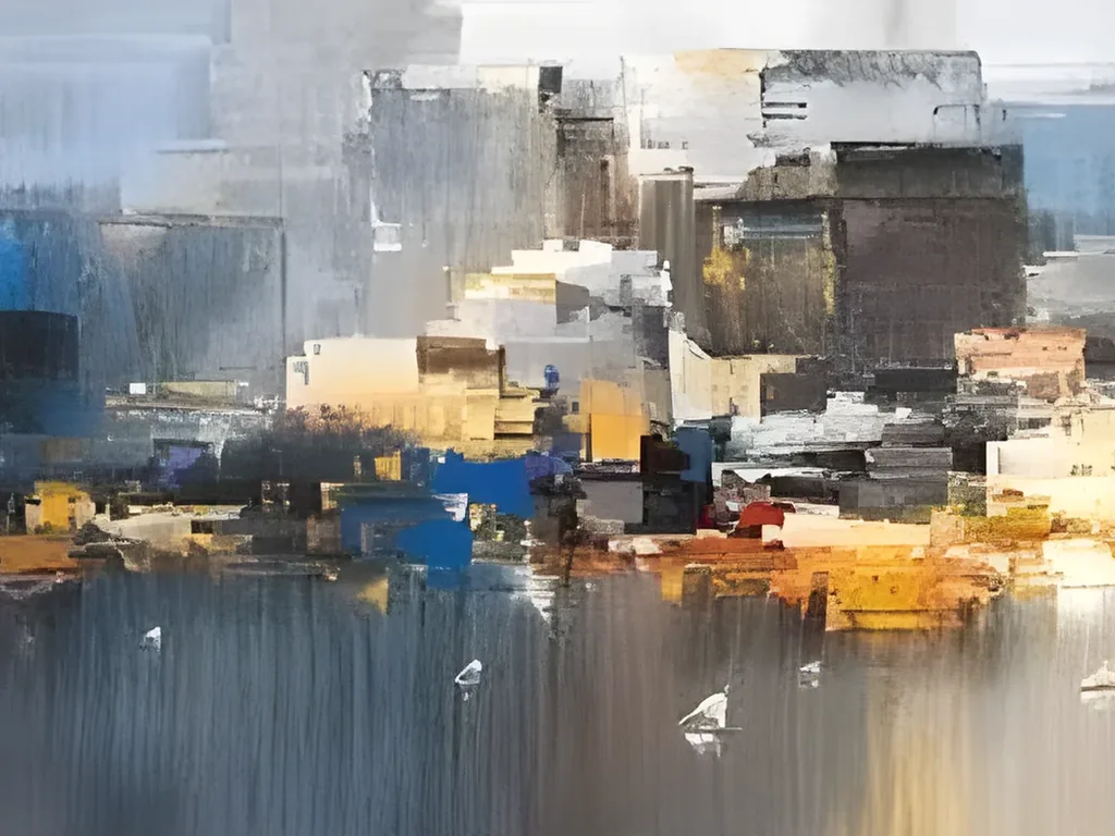 Detail of cobalt blue and cream buildings at the left end of the waterfront, over dark streaked water, in panoramic impressionist painting IA121