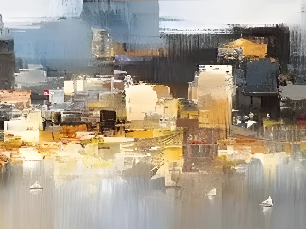Close-up of gold, amber and cream waterfront buildings glowing under a charcoal sky, with gold reflections and small sailboats in panoramic skyline painting IA121