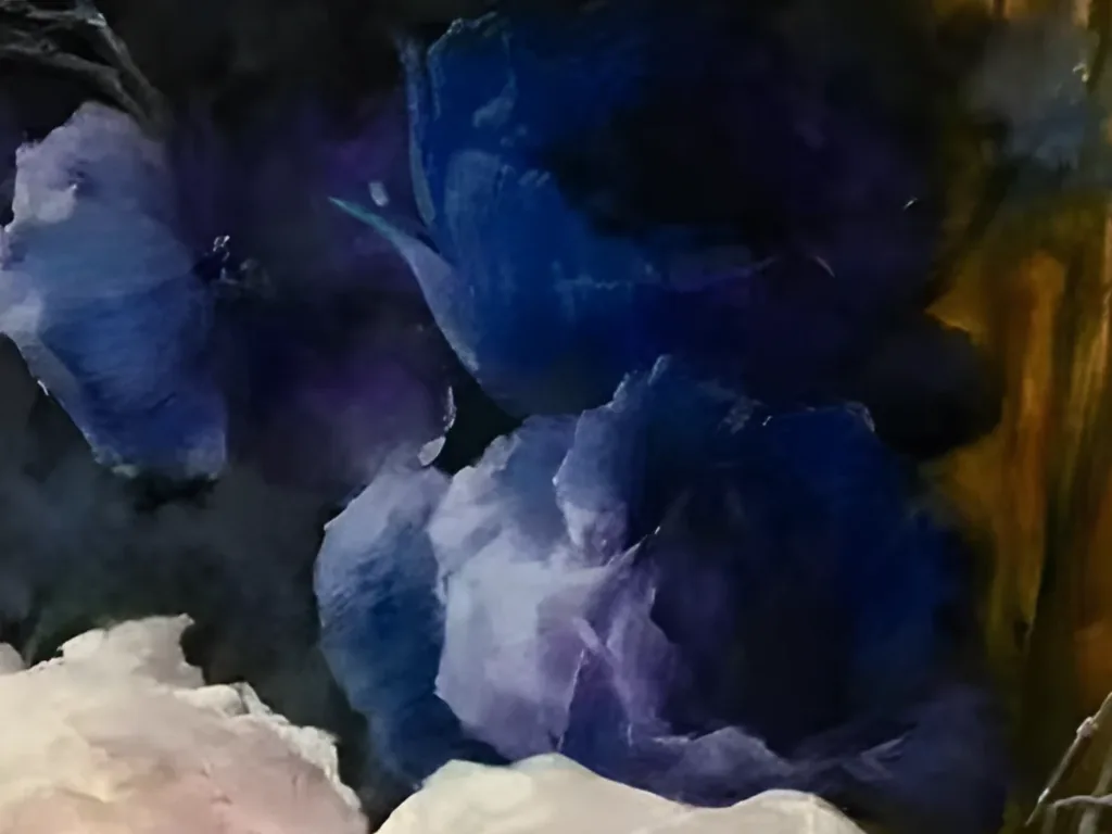 Close-up of the cobalt and violet blooms in the upper right of floral painting IA123, loosely brushed against near black blue beside a streak of amber gold