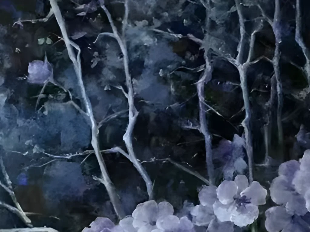 Detail of pale silvery twigs climbing through misty navy and a cluster of lavender five petal flowers in impressionist floral painting IA123