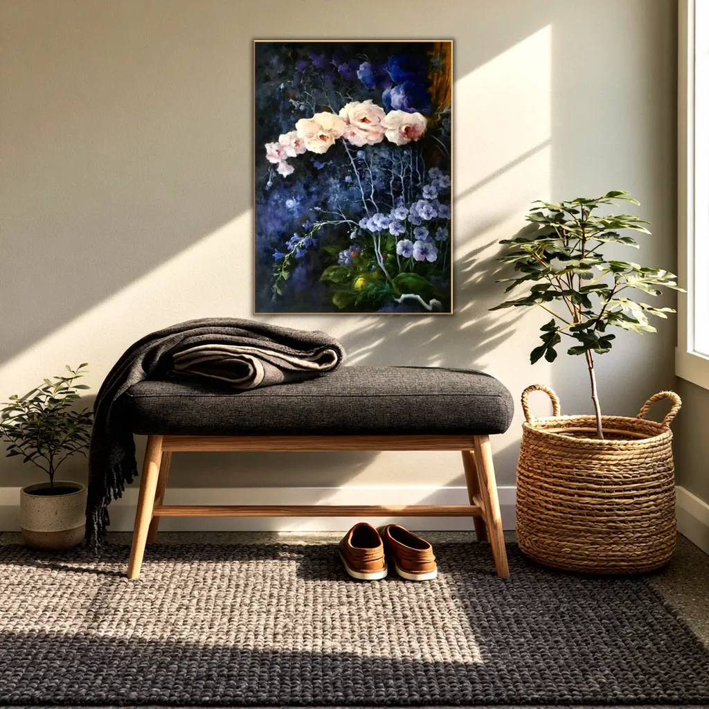 Dark floral painting with cream roses in a thin gold frame on a warm gray wall of a sunny entryway, above an oak bench with a charcoal cushion and throw, a tree in a woven basket and loafers