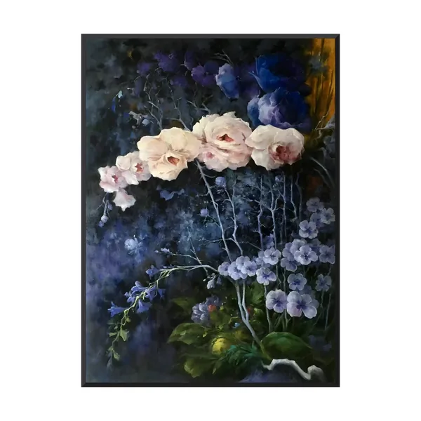 Midnight blue floral canvas with cream roses and lavender blooms IA123