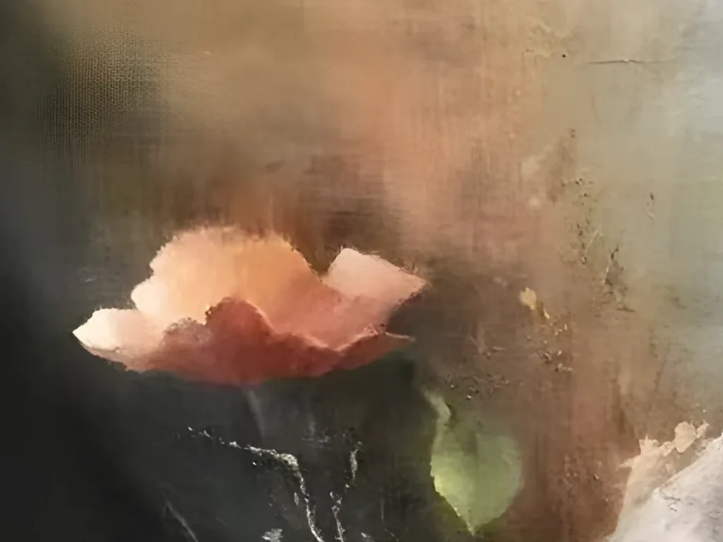 Detail of the ruffled peach and coral bloom on its tall stem, with a sage green leaf, against amber brown haze and visible canvas weave in floral painting IA125
