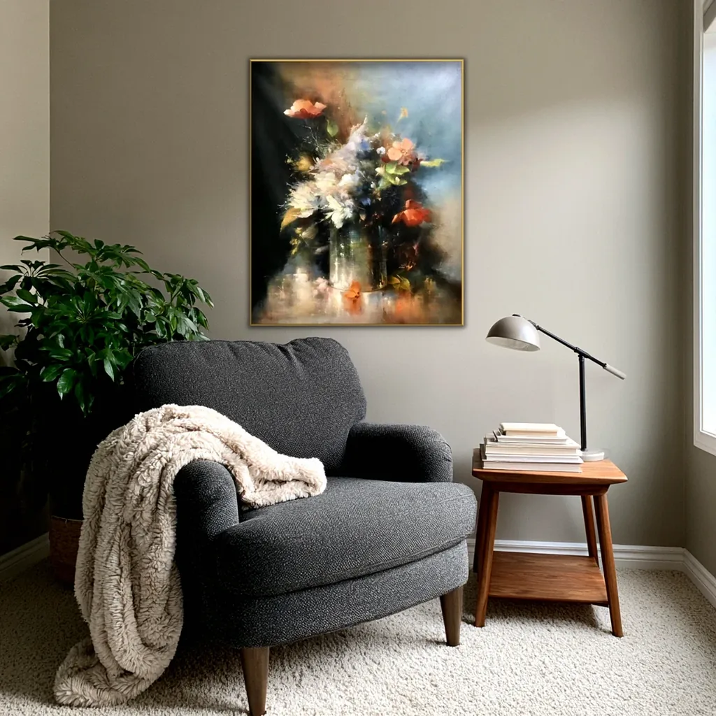 Smoky floral still life above a charcoal armchair with a cream faux fur throw in a greige reading corner, next to a walnut side table with books, a gray task lamp and a leafy plant
