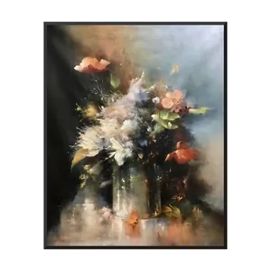 A large vertical impressionist still life painting of a loose bouquet of cream, peach, red-orange and blue flowers in a clear glass jar, between charcoal shadow and smoky blue light, in a thin black frame