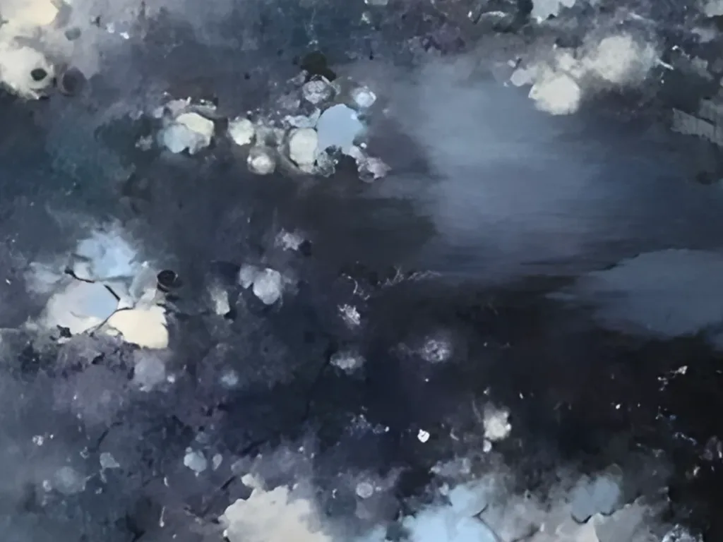 Detail of round sky blue, cream and gray blots clustered like petals beside a smooth blue band in the blossom canopy of panoramic painting IA128