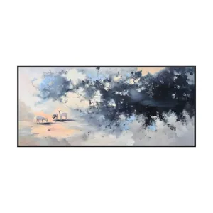 A large horizontal impressionist painting of three small white goats grazing on peach and cream ground under a huge canopy of sky blue, slate and charcoal blossoms with thin dark branches, in a thin black frame