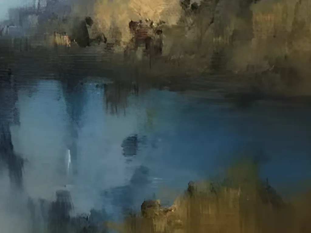 Close-up of the gold lit bank, dark tree reflections and deep blue water in misty lake painting IA129, with ochre reeds in soft dragged strokes along the bottom