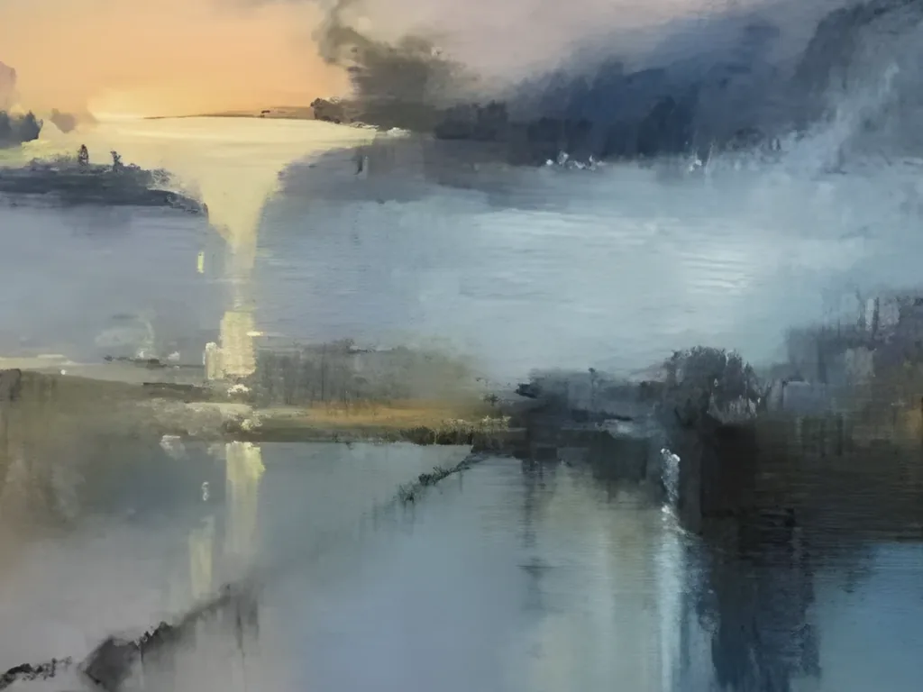 Detail of the low peach sun on the far shore and its pale yellow light path in the misty water of impressionist lake painting IA129, with a small dark island at the left