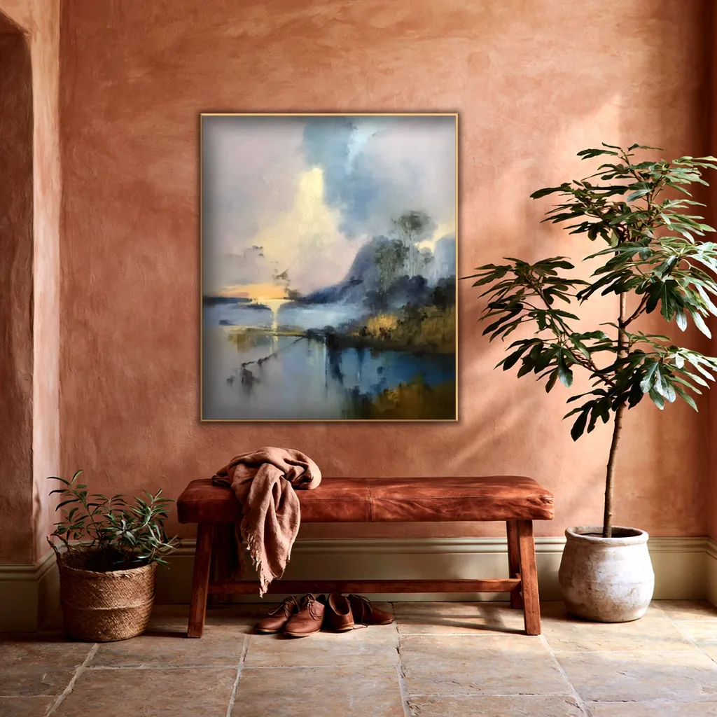 Foggy lake landscape canvas on a terracotta plaster wall in an entryway, above a cognac leather bench with a rust throw and brown shoes, between an olive plant in a woven basket and a tree in a clay pot