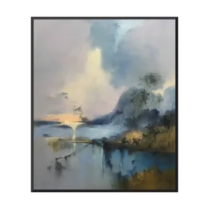 A large vertical impressionist painting of a misty lake at sunset, a low peach sun on the far shore, a shaft of yellow light in mauve and slate blue clouds, tall trees on a dark hill and gold reeds, in a thin black frame