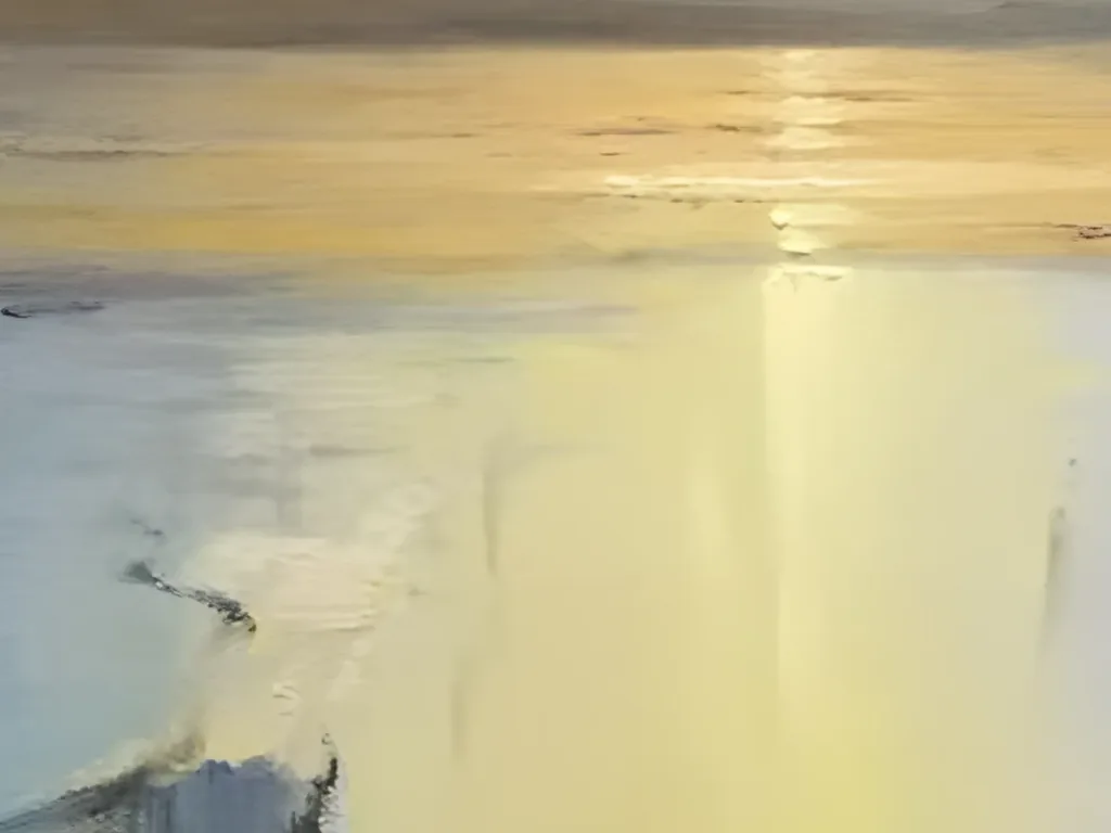 Detail of the golden band of water below the far hills and the sun glints that start the yellow light path in impressionist sunset painting IA130
