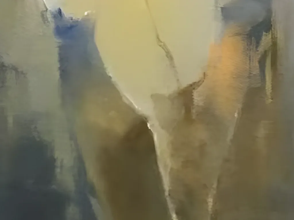Close-up of the narrow channel of yellow light between olive and slate blue rocks in sunset painting IA130, with a glow of amber and thin knife-scraped lines