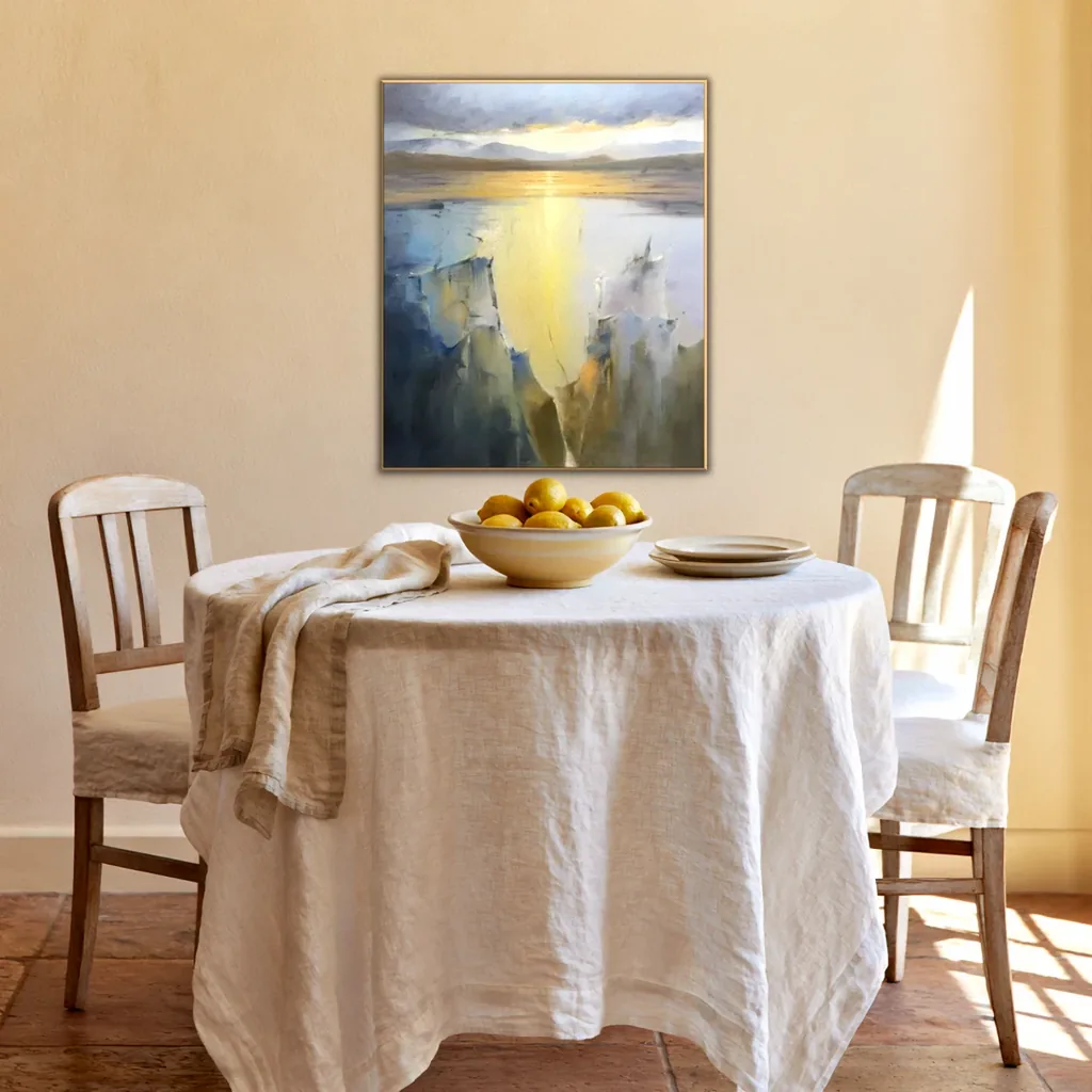 Yellow and blue sunset seascape painting in a thin wood frame on a warm cream plaster wall above a round table in white linen, with whitewashed wooden chairs, a bowl of lemons and terracotta floor tiles