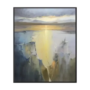 A large vertical impressionist painting of a low sun over wide water, its yellow light path running down between pale slate blue and olive rock cliffs, under lavender gray clouds and soft hills, in a thin black frame