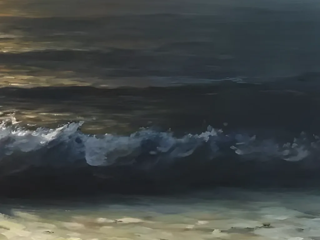 Detail of the breaking wave in seascape painting IA131, with thick white and pale blue foam dabbed along a navy crest, gold light on the dark water above and pale shallow foam below