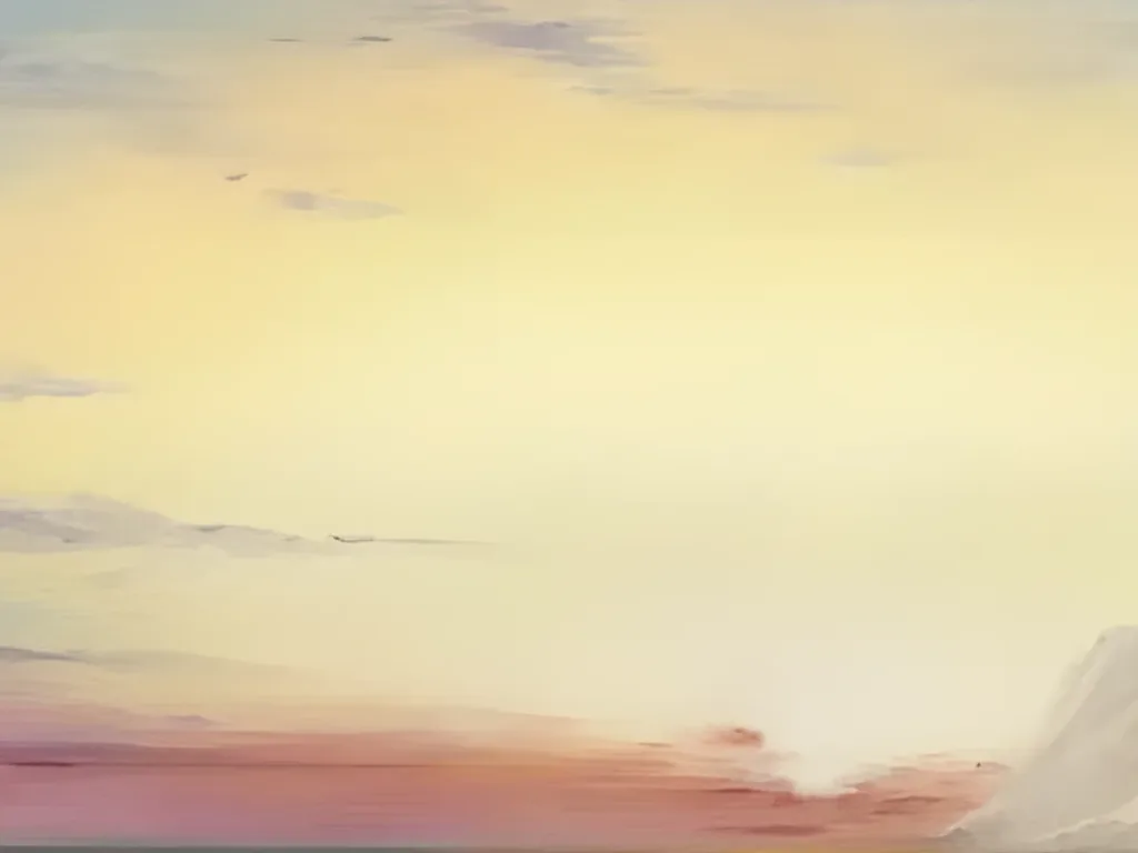 Close-up of the lemon yellow sky and the rose pink band on the horizon in sunset painting IA131, with thin lavender clouds, the pale glow of the sun and the edge of an ivory cliff