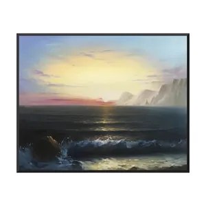 A large horizontal impressionist painting of a white-capped wave breaking by a dark rock under a lemon and rose sunset, with pale cliffs on the right and a gold path on navy water, in a thin black frame