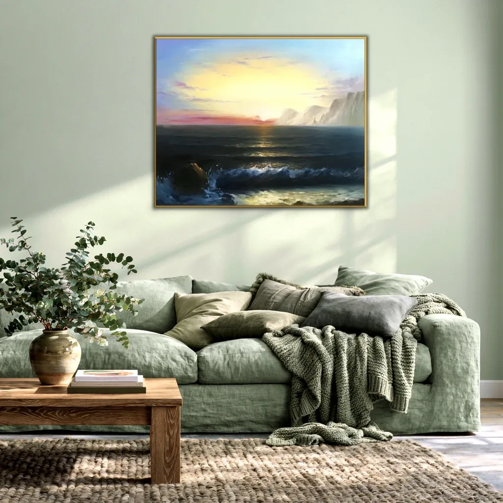 Breaking wave sunset canvas on a pale sage green wall above a sage linen sofa with olive and gray cushions, a green knit throw, a wood coffee table and eucalyptus in a stoneware vase