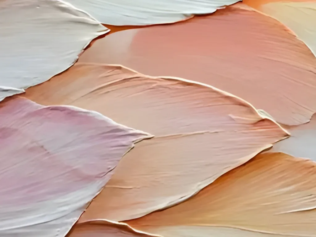 Detail of dusty pink, salmon and coral feather shapes overlapping in thick relief in textured painting TA47, with a small shadow under each raised edge