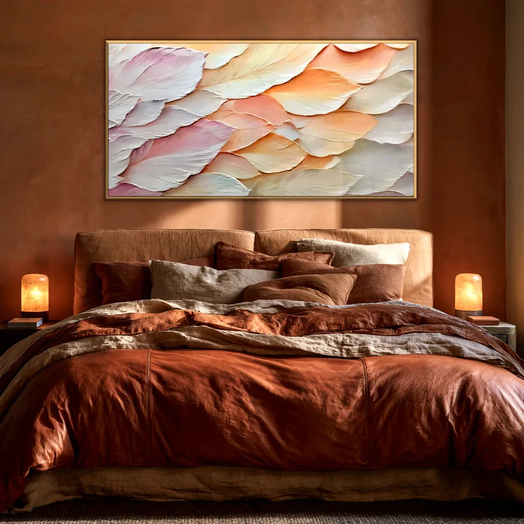 Peach and blush feather relief painting on a terracotta plaster wall above a bed made up in rust and clay linen, lit by two amber bedside lamps