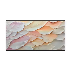 A large horizontal textured painting of overlapping feather and petal shapes in dusty pink, peach, apricot, coral and pale greige, each raised in thick plaster-like paint with fine combed lines, in a thin black frame
