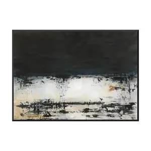 A large horizontal wabi-sabi painting of a solid charcoal black sky over a chalky white band, with black drips hanging from the horizon, a broken black line below and sand and amber stains, in a thin black frame