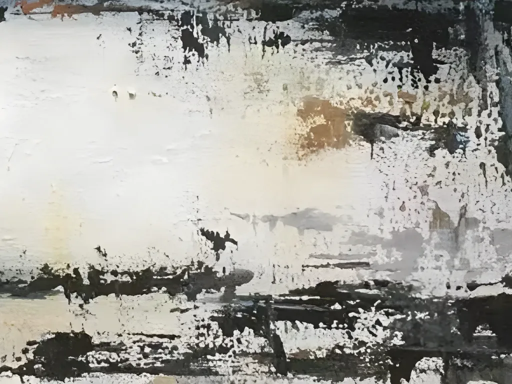 Close-up of chalky white paint in wabi-sabi painting WA13, broken by flaking black flecks, a soft amber stain and a gray smudge above the cracked lower black band
