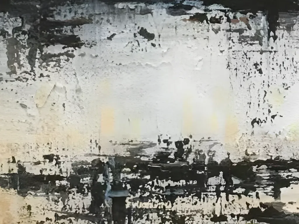 Detail of thick scraped white paint over a broken charcoal band, with pale yellow glints and a small steel blue mark, in the lower half of textured wabi-sabi canvas WA13