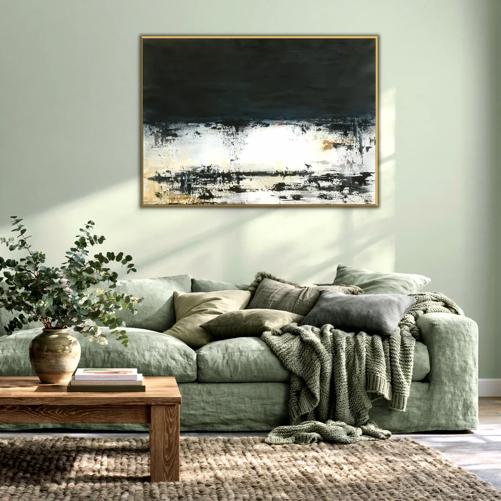 Charcoal and white wabi-sabi painting in a thin gold frame on a pale sage wall above a sage linen sofa with olive and gray cushions, a green knit throw and eucalyptus on a wood coffee table